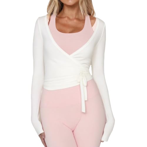 Women Ballet Wrap Top Long Sleeve Self Tie Dance Shirt...