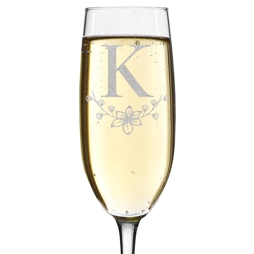 shop4ever Floral Initial Letter Monogram Laser Engraved Champagne Flute Glass 8 oz. with a Gift Box Flower Theme Monogrammed Gift for Her (K)