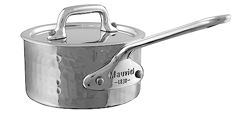 Mauviel M'Minis Hammered Polished Stainless Steel Sauce Pan With Lid, And Cast Stainless Steel Handles, 3.54-In, Made in France