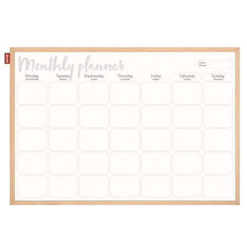 Memobe - Organisationstafel - Monatsplaner - Whiteboard - Beschreibbar & Magnetisch - Wandkalender - Zum Aufhängen - Familienplaner - Weiß - mit Rahmen aus Holz - 90x60 cm