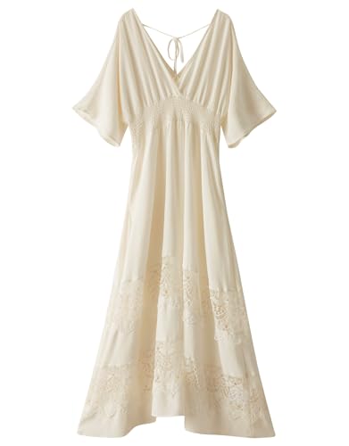 Image of Olaesa Boho Maxi Dress V Neck Short Sleeve Lace Smocked Waist Flowy Dress | Wedding Guest Dress with Pockets, Summer Bohemian Vacation Dress, Elegant Party Dress for Family photo& Baby Shower
