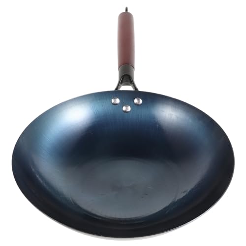 Hemobllo Wok de Hierro Tradicional 30 Cm con Fondo Redondo y Mango de Madera, Sartén Wok sin Recubrimiento para Estufa de Gas, Utensilio de Cocina Resistente y Apto para Camping