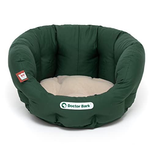 Doctor Bark - Hundebett rund - kuscheliger Hundekorb kleine Hunde mit orthopädischem Wendekissen und ToyBone - Waschbar bis 95°C - Made in Germany (S - 40x35 cm, Grün/Beige)