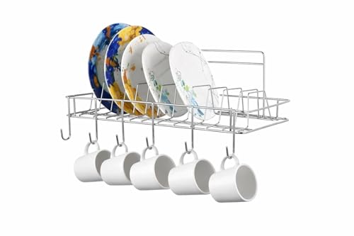 Image of Cri8Hub Multipurpose Wall Hanging Stainless Steel Big Mug,Cup & Saucer Holder, Plate Organizer Space Kitchen Saving Rack Utensil Kitchen Rack (Stainless Steel), Hanging Shelves, Standard