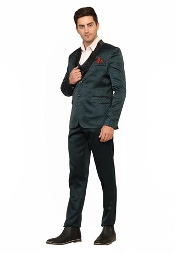 Image of Men's Navy Blue Jacquard Tuxedo Suit with Black Shawl Lapel, 3-Piece Formal Wedding Ensemble, Red Pocket Square