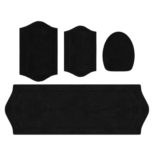 Home Weavers Waterford Collection 100% Cotton Tufted Bath Rug, Extra Soft and Absorbent Bath Rugs, Non-Slip Bath Mats, Machine Washable Bath Mats for Bathroom, 4 Piece Set with Toilet Lid Cover, Black