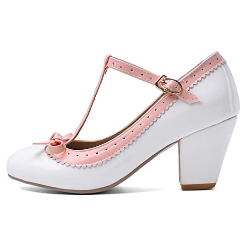 UniqueStride Womens T Strap Mary Janes Chunky High Heels Pumps Closed Round Toe Buckle Bow Vintage Patent Shoes3