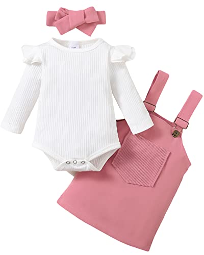 Image of Voonlie Baby Girl Clothes Outftts Ruffle Short Sleeve Ribbed Romper+Suspender Skirt + Headband Summer Clothing Set