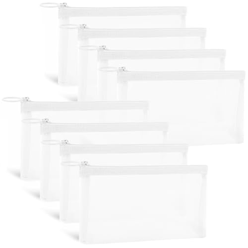 Fassave 8 Pack Mini Zipper Mesh Makeup Bags, Nylon Cosmetic Bags Toiletry Purse Travel Organizer Bags Inside Bag for Office Travel Organization (Widened-White, M)