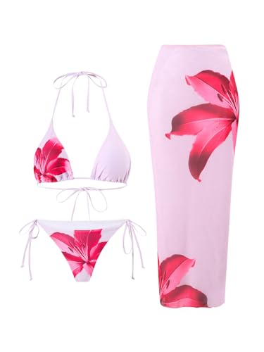 Verdusa Women's 3 Piece Floral Halter Bikini Set Colorblock Tie Back Swimsuit with Cover Up Skirt
