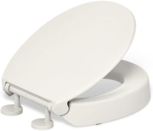 KOHLER 25876-96 Hyten 3" Height, Elevated Soft Close Round Toilet Seat, Contoured Seat with Grip-Tight Bumpers, Quick-Attach Hardware, Biscuit Biscuit Round