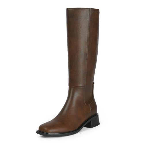 Knee High Boots for Women Low Heel Flat Tall Boots | Stretch Boots, Chunky Heel Womens Boots, Square Toe Heeled Fall Winter Dress Riding Long Boot with Side Zipper