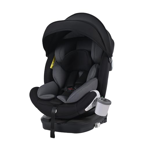 OSJ チャイルドシート 新生児 360度回転式 ベビーシート しっかり固定 0歳～12歳 洗える シートベルト固定式 コンパクト 40～150cm 調節可能 ドリンクホルダー (ブラック+グレー)のサムネイル
