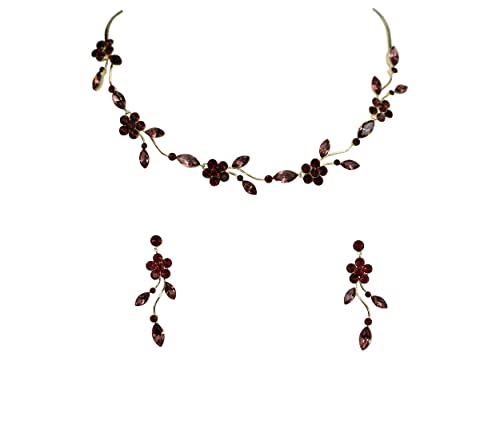 Faship Gorgeous Burgundy Rhinestone Crystal Floral Necklace Earrings Set - Burgundy/Gold Plated