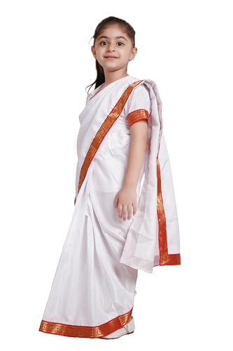 Image of Kaku Fancy Dresses Polyester Indian State Bengali Dance White Saree Costume For Kids -White & Red, 3-4 Years, For Girls