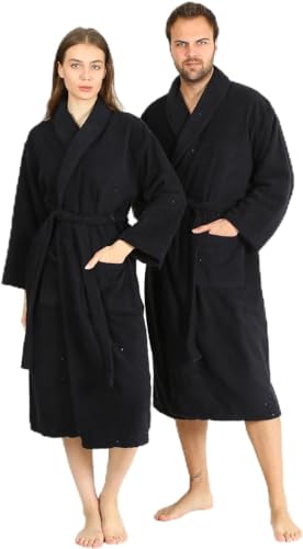 Image of HALLEY Luxury Bathrobe for Women & Men, Shawl Collar Spa Bath Robes Terry Cotton Ultra Soft Shower Robe with Pockets - Black