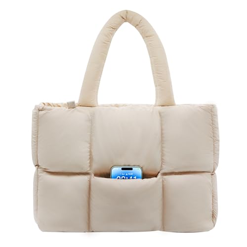 NAARIIAN Puffer Tote Bag for Women, Lightweight Quilted Puffy Shoulder Handbag with Adjustable Shoulder Strap, Puffer Bag Satchel Puffer Purse Handbag for Work,Travel, Gym(Beige)