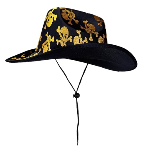 Krujecnt Sombrero de , sombrero de con patrón de calavera con cordón, accesorio de disfraz para reuniones familiares, espectáculos, festivales, Halloween, cumpleaños, escuela, teatro