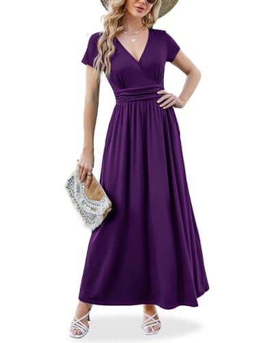 ANRILITA Maxi Dress for Women Wrap V Neck Short Sleeve Empire Pleated Waist Summer Casual Elegant Long Dresses with Pockets