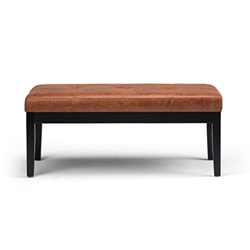 SIMPLIHOME Lacey 41 inch Wide Contemporary Rectangle Tufted Ottoman Bench in Distressed Saddle Brown Vegan Faux Leather, Assembled, For the Living Room and Bedroom