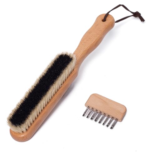 Lint Brushes for Clothes 100% Natural Boar Bristle Clothes Brush for Cashmere & Wool Cashmere Comb & Sweater Comb Removes Fibres & Pet Hair with Hanging Hole & Straps Includes Cleaning Comb