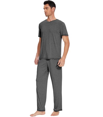 WiWi Mens Viscose from Bamboo Pajama Set Short Sleeve Pajamas Sets with Pants Sleepwear Soft Lightweight Lounge Pj S-XXL4