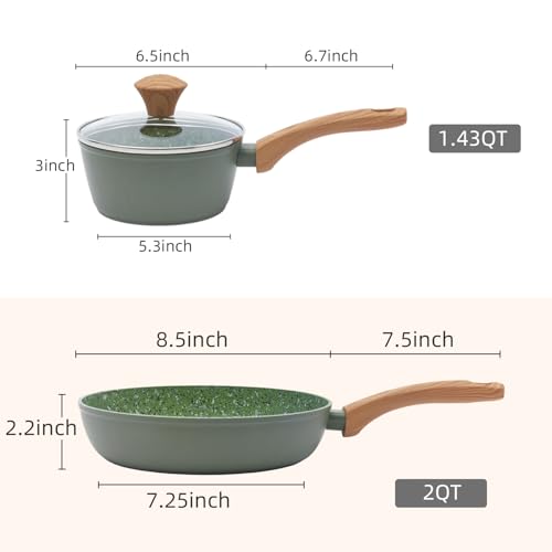 Image of 2-Piece Nonstick Cookware Set, 8.5 Inch Frying Pan & 1.43QT Saucepan with Lid, PFAS PFOA Free Non-Toxic Coating, Heavy Bottom Even Heat, Induction Compatible, Dishwasher Safe - Green