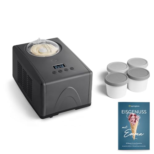 SPRINGLANE Eismaschine Emma 1,5 L mit selbstkühlendem Kompressor 150 W, aus Edelstahl mit entnehmbarem Eisbehälter, inkl. Rezeptheft (Anthrazit, Emma Anthrazit + 4 Eisbehälter Mini Grau)
