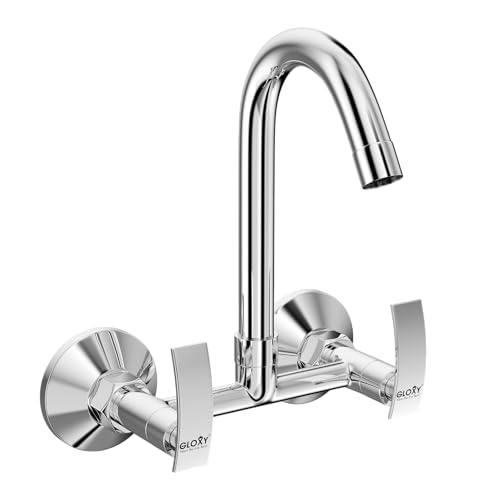 Image of Gloxy Premium Brass 2 in 1 Wall Mounted Sink Mixer with 360 Swivel Spout - Delight Lever Kitchen Sink Mixer With Chrome Finish - Hot & Cold Water Mixer for Bathroom & Kitchen Sink - 10 Years Warranty