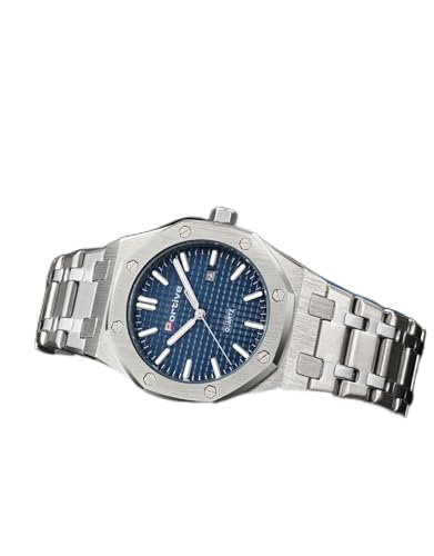 Image of Portive Quartz Watch for Men, Silver Stainless Steel Bracelet, Black Dial, Date Display, Octagonal Case