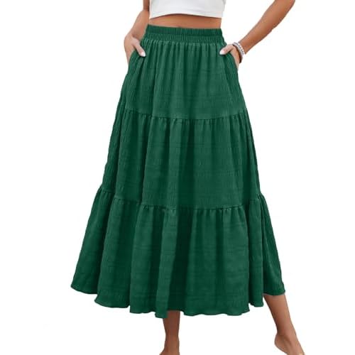 HUSKARY Women's Summer Casual Elegant Smock Layered Tiered Maxi Skirt High Waisted A Line Flowy Long Skirts with Pockets X-Small Deep Green
