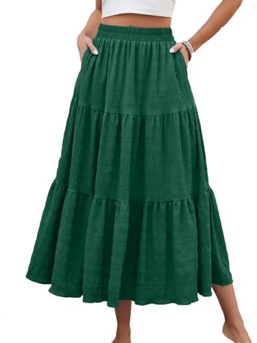 HUSKARY Long Skirts for Women Boho Summer Smock Layered 3 Tiered Skirt Loose Flowy Ruffle Maxi Skirt with Pockets,Deep Green
