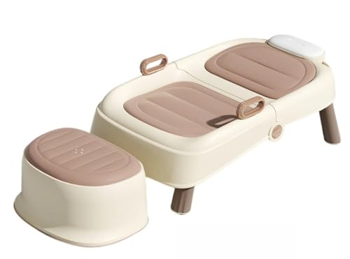 BRZU 折りたたみシャンプーチェア、子供用シャンプーチェア、折りたたみ式、省スペース、調節可能、安全、滑り止め、耐荷重80kg、男の子と女の子、介護者、高齢者、子供、家庭用に適しています (ハードクッション+フットスツール,コーヒー色)