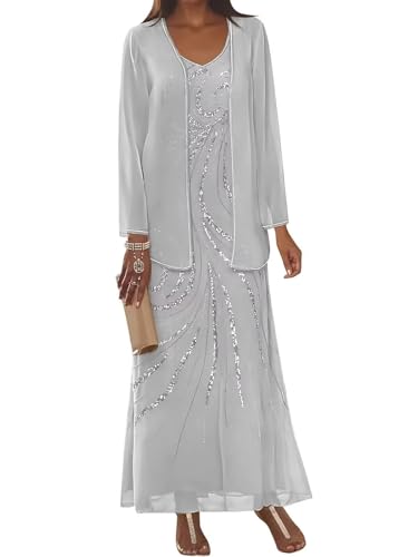 UZN 2 Pieces Chiffon Mother of The Bride Dresses 2025 with Jacket Sequin Chiffon Long Sleeve Formal Gowns