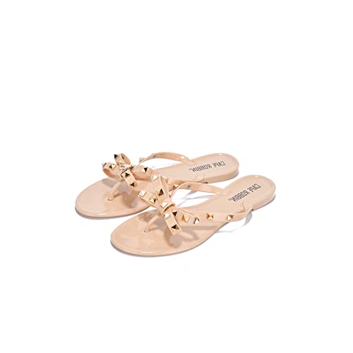 Cape Robbin Christa Womens Studded Jelly Flip Flops With Bow, Open Round Toe Sandals For Women - Nude Size 8 #TOP1