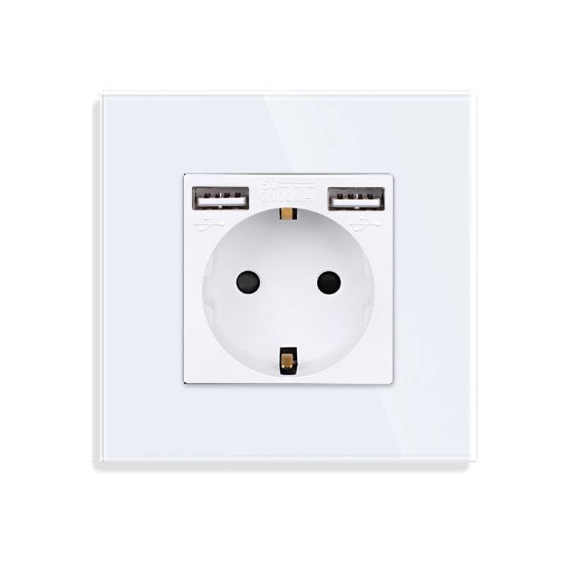 LEDBOX Base enchufe EU 16A + cargador rápido USB A+A, KOOB frontal cristal blanco