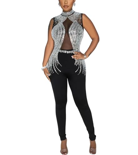 Image of Jigfar Women Sexy Embellished Rhinestone Bodycon Jumpsuit Mesh See Through Patchwork Birthday Party Night Out Clubwear