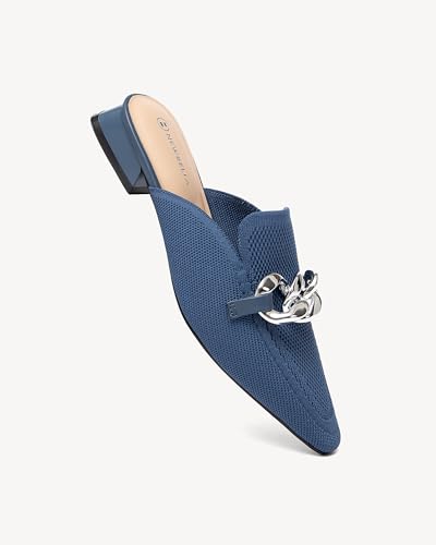 Image of NEWBELLA Women's Knit Pointed Toe Mule Slides, Chunky Gold Chain Decor, Low Block Heel, Slip On Loafer for Daily Office Wear