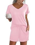 Ekouaer Pajama Shorts Set Womens 2 Piece Sleepwear Short Sleeve V Neck Pjs Comfy Lounge Set with Pockets Pink,S