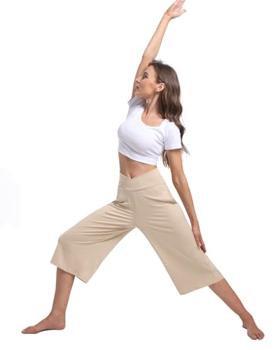 Image of Kivdol 3 Pack Womens Wide Leg Yoga Capris Crossover High Waist Casual Capri Pants Loose Soft Pajama Pockets Sweatpants