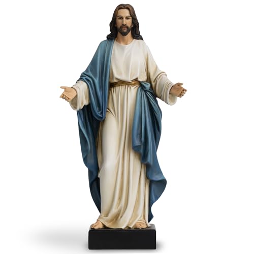 ShineOnAngel 12 Inch Jesus Statue with Open Arms Hand Painted Jesus Christ Figurine in Blue Robe Realistic Resin Religious Sculpture for Christian Home Dcor