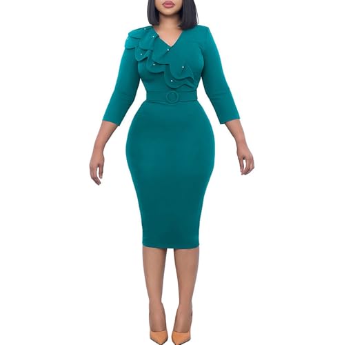 Las Mujeres De OtoñO E Invierno con Cuello En V De Color SóLido Vestido De Temperamento Elegante con Volantes De Manga Larga Vestidos De Cadera