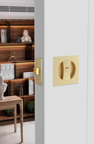 Image of Goldenwarm Brushed Gold Pocket Door Locks for Bathroom with Indicators, Square Pocket Door Hardware for Pocket Door, Gold Sliding Pocket Door Handles 2-3 /8 inch Latch 1 Pack