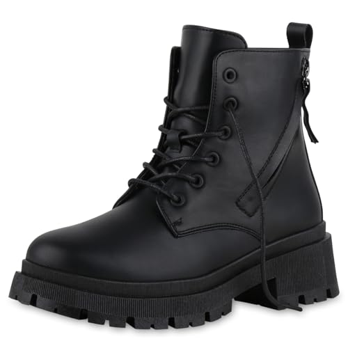 VAN HILL Damen Schnürstiefeletten Blockabsatz Zipper Trendy Schuhe 216496 Schwarz 37