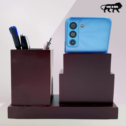 Image of WOOD HOUSE WOODHOUSE Wooden Pen Stand and Mobile Stand with Clock for Office /Study Table II Pen Stand for Teachers Doctors Advocates (Wood),Stationary, Brown