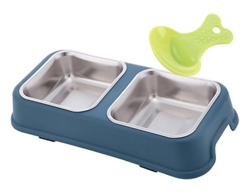 Fuwok Double Dog Bowl,Non Slip Stainless Steel Double Bowl with Non-spill For Small Dogs and Cats (M, Square-Navy_blue)