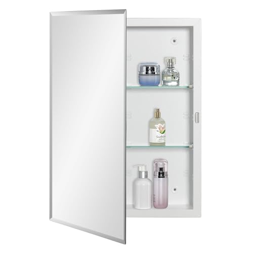 IDYLLOR Bathroom Medicine Cabinet with Beveled Edge Mirrored Door 16 x 22 inch, Recessed or Surface Mount, with Adjustable Glass Shelves