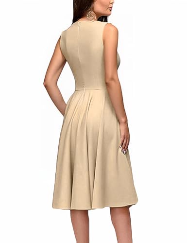 Image of FENJAR Women's Elegance Audrey Hepburn Style Ruched Dress Round Neck Sleeveless Swing Midi A-line Dresses (US, Alpha, X-Large, Regular, Regular, Khaki)