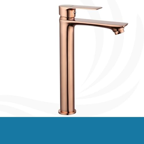 Image of Tapsa Kubix Series Brass Rose Gold Single Lever Basin Mixer Faucet | Modern Single Lever | 12 Inch Tall Body Tap | Hot & Cold Water Mixer for Bathroom, Kitchen Basin Mixer Faucet