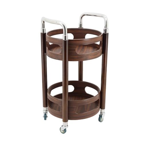 MIIKHI Carrito de almacenamiento redondo de color nogal, estante de vino y ruedas con cerradura, estantes de madera de 2 niveles para cocina, club, sala de estar, carrito de almacenamiento